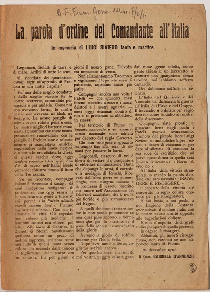La parola d'ordine del Comandante all'Italia, in memoria di Luigi Siviero fante e martire - Volantino